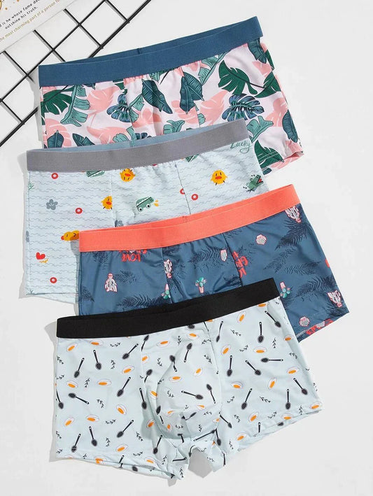 MEN 4 PCS TROPICAL & CARTOON GRAPHIC BOXER BRIEF