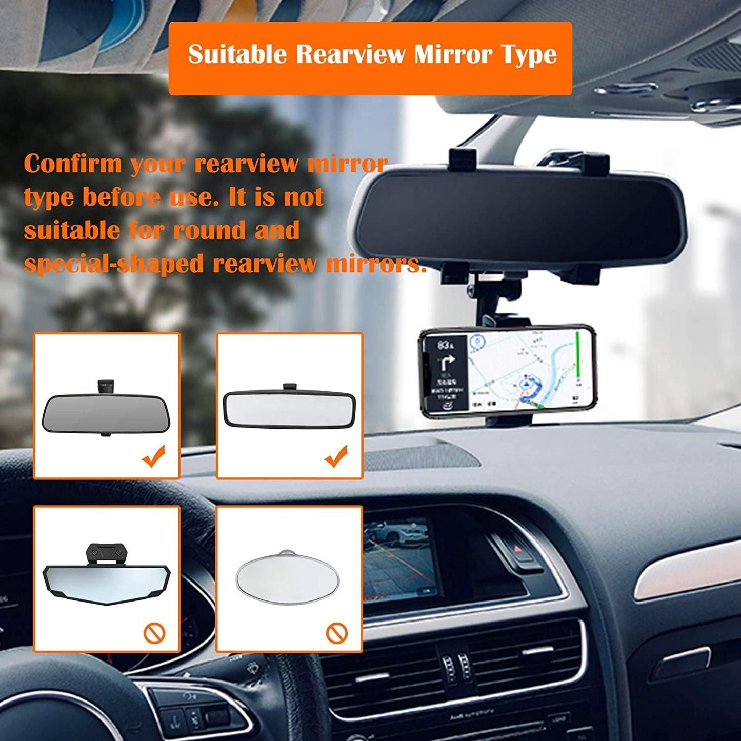 Phone Holder- 270 degree Swivel Car Rearview Mirror Phone Holder with Adjustable Clips