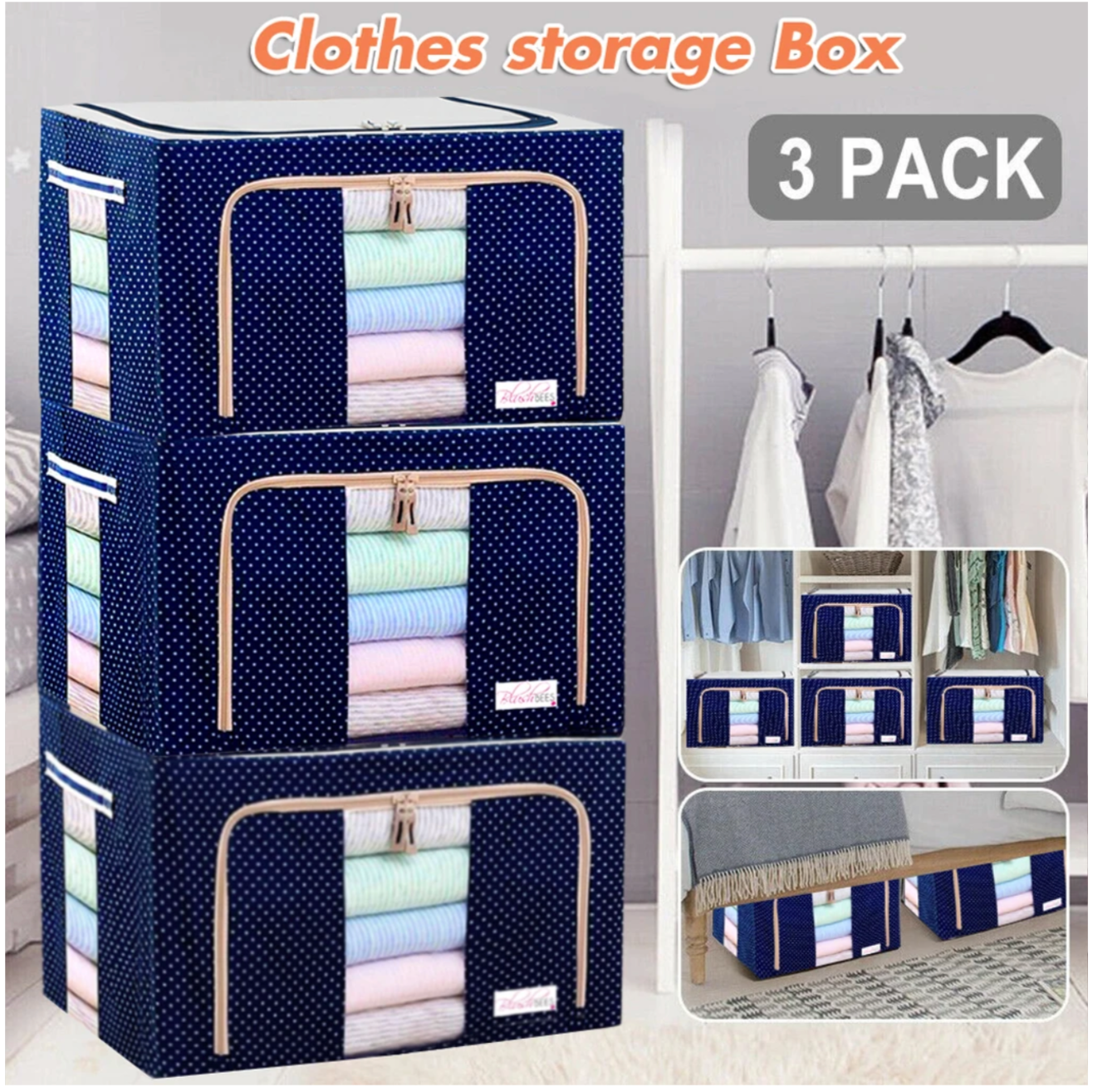 Zipcartz™ Fabric Storage Boxes For Clothes, Sarees, Bed Sheets, Blanket Etc.